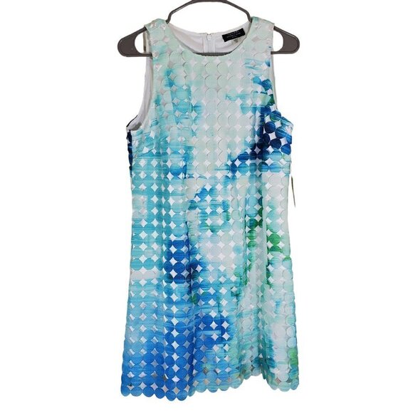 Tahari‎ Royal Aqua Sleeveless Mosaic Shift Dress Womens Petites 10P Textured NWT - Picture 1 of 10